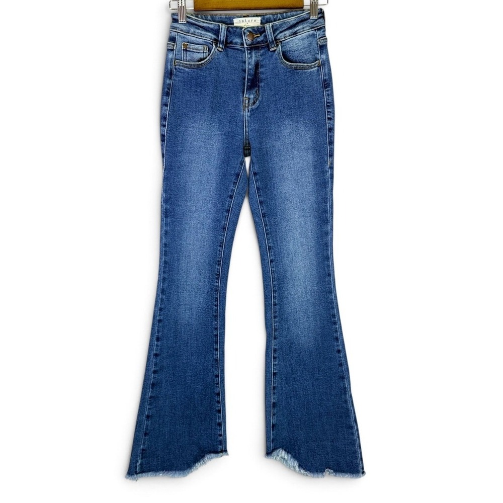 Nature Denim by KanCan High Rise Flare Raw Hem Jeans Medium Wash Womens Size 5